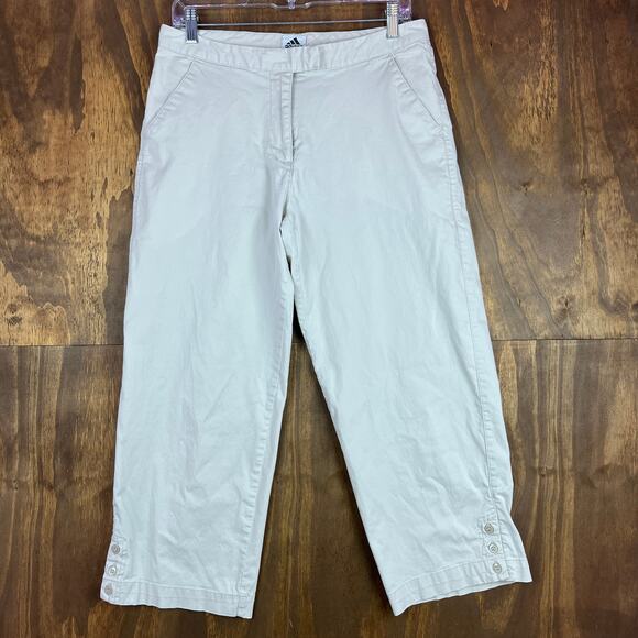 Adidas Womens Pants Tan Cropped Capri Button Accent Work Play Athletic 10 - Picture 1 of 11